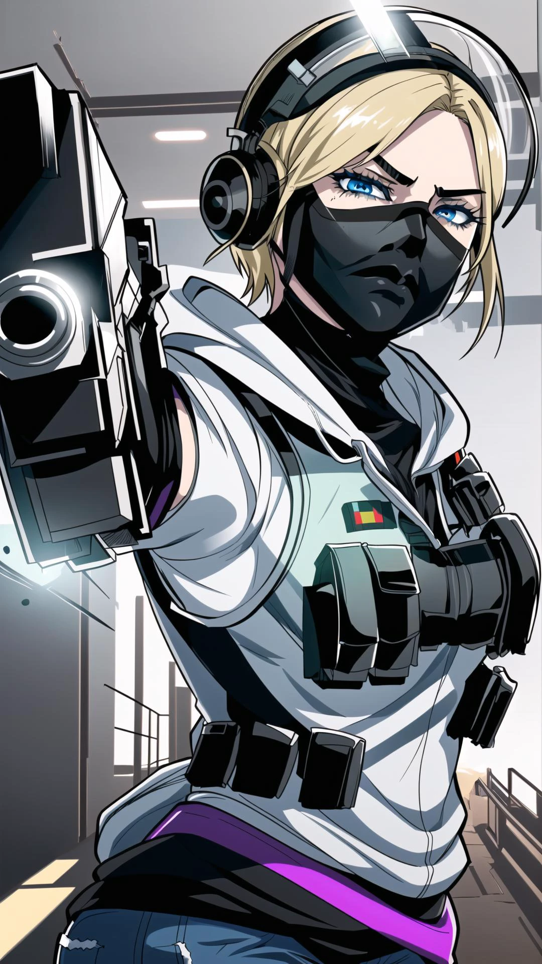 <lora:iqr6-guy-v2:0.8> iqr6, (black mask:1.25), 1girl, blonde hair, short hair, blue eyes, helmet, face shield, vest, relaxing, bulletproof vest, gloves, hoodie, long sleeves, jeans, holster, headphones, fingerless gloves, bracelet, german flag, germany, BREAK, <lora:gunAimingAtYouV1:0.8> gunatyou, gun, aiming at viewer, holding gun