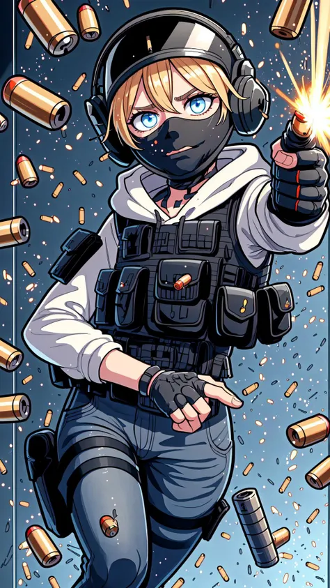 <lora:iqr6-guy-v2:0.8> iqr6, (black mask:1.25), 1girl, blonde hair, short hair, blue eyes, helmet, face shield, vest, relaxing, bulletproof vest, gloves, hoodie, long sleeves, jeans, holster, headphones, fingerless gloves, bracelet, german flag, germany, BREAK,  <lora:avoidGun:0.5> (((firing,bullet,gun,light particles))),