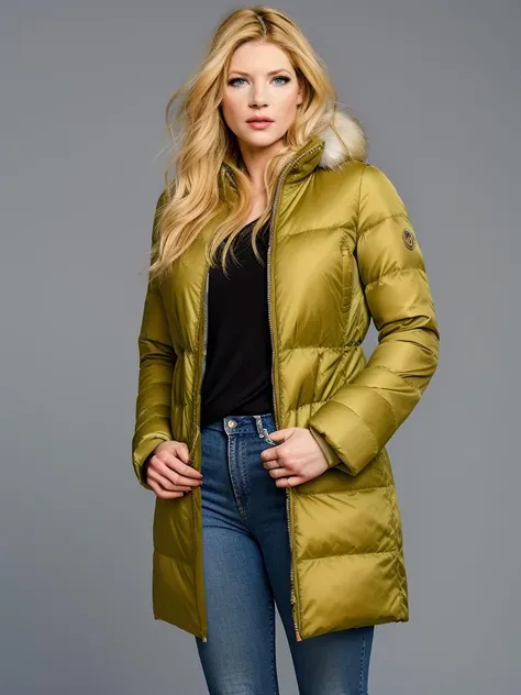 masterpiece, best quality, young woman xyzkwv1, wearing winter coat and jeans, (full_coverage),full body, looking at viewer, simple background <lora:xyzkwv1-000004:1>