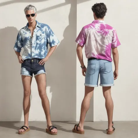 photo of two male modeling standing, wearing tie-dye button-down shirt, denim shorts, woven sandals, round sunglasses, photo, studio shot ADDCOMM
a man facing forward ADDCOL
back of a man facing away