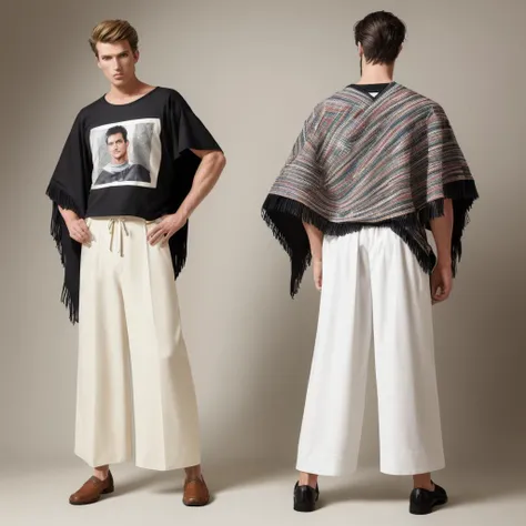 photo of two male modeling standing, wearing fringed poncho, graphic t-shirt, wide-leg trousers, woven loafers, photo, studio shot ADDCOMM
a man facing forward ADDCOL
back of a man facing away