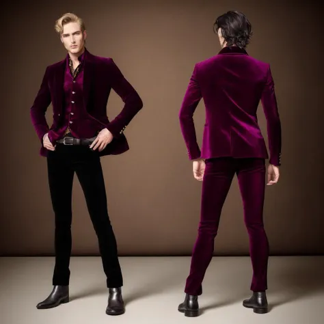 photo of two male modeling standing, wearing velvet blazer, paisley shirt, corduroy pants, suede chelsea boots, photo, studio shot ADDCOMM
a man facing forward ADDCOL
back of a man facing away