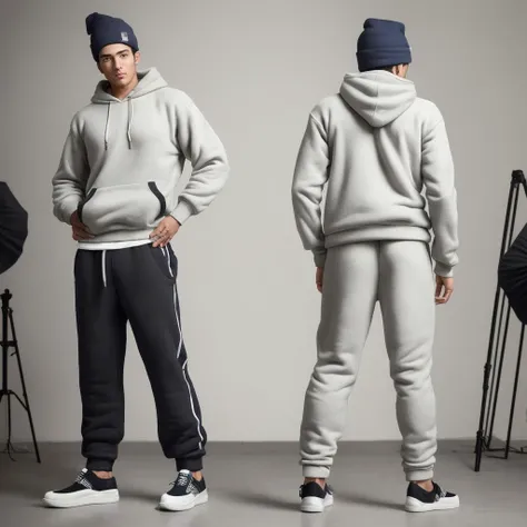 photo of two male modeling standing, wearing sherpa-lined hoodie, sweatpants, beanie, slip-on sneakers, photo, studio shot ADDCOMM
a man facing forward ADDCOL
back of a man facing away