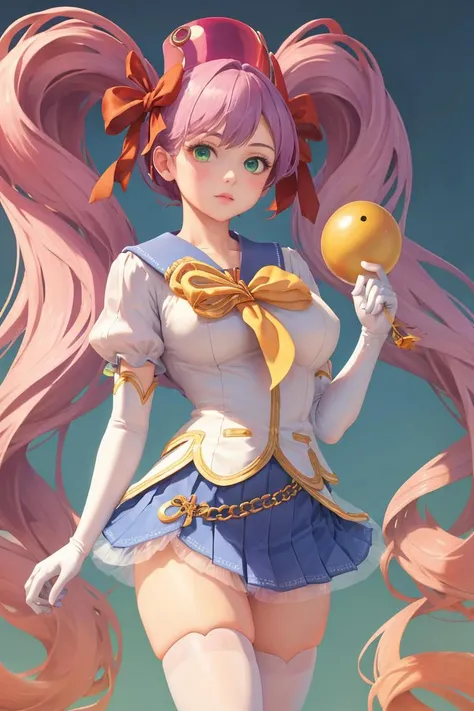 best quality, masterpiece, 1girl, solo, standing, <lora:reco-mushihimesama-richy-v1:1>, reco, blue sailor collar, yellow bow, brooch, blue skirt, white thighhighs, elbow gloves, white gloves