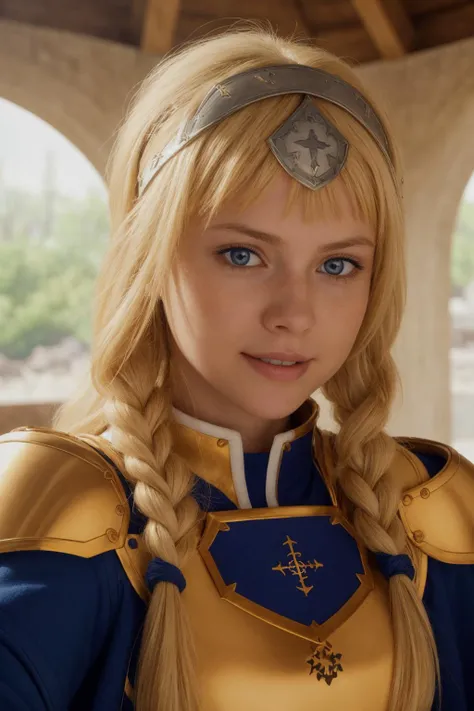 (selfie:1.2) photo of (AZ:1.4), (1girl, solo, blonde hair, blue eyes, long locks, cape, shiny, gauntlets, pauldrons, breastplate, faulds, headband), cute smile, looking at camera, crystal clear, 8K UHD, highly detailed, glossy eyes, high detailed skin, skin pores, <lora:add_detail:0.5>, <lora:Alice Zuberg:0.6> AZ
