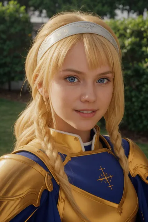 (selfie:1.2) photo of (AZ:1.4), (1girl, solo, blonde hair, blue eyes, long locks, cape, shiny, gauntlets, pauldrons, breastplate, faulds, headband), cute smile, looking at camera, crystal clear, 8K UHD, highly detailed, glossy eyes, high detailed skin, skin pores, <lora:add_detail:0.5>,  <lora:Alice Zuberg:0.6> AZ