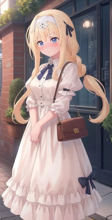 AZ, 1girl, solo, long locks, long frilly dress, blush, sidewalk, bow hairband, purse, shops, sunny, fine detail, perfect quality, good quality, masterpiece, HDR, UHD <lora:Alice Zuberg:0.8>