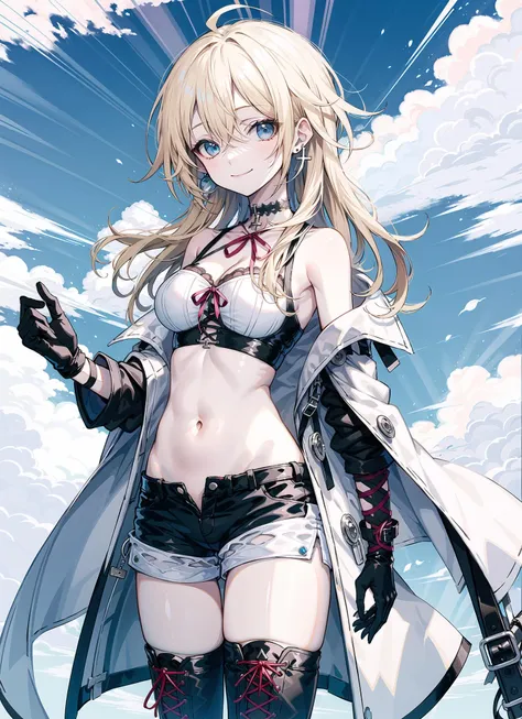 <lora:USNR STYLE:0.9>
masterpiece,best quality,,
(usnr:1.5) 
1girl, breasts, gloves, shorts, navel, long hair, solo, cleavage, thighhighs, black gloves, smile, boots, thigh boots, ahoge, looking at viewer, midriff, jewelry, blue eyes, earrings, large breasts, black footwear, hair between eyes, choker, blonde hair, short shorts, crop top, bare shoulders, white shorts, cloud, half gloves, cross-laced footwear, stomach, lace-up boots, ribbon, coat, closed mouth, hand in hair, bangs, collarbone, standing, sleeveless, light rays, medium breasts