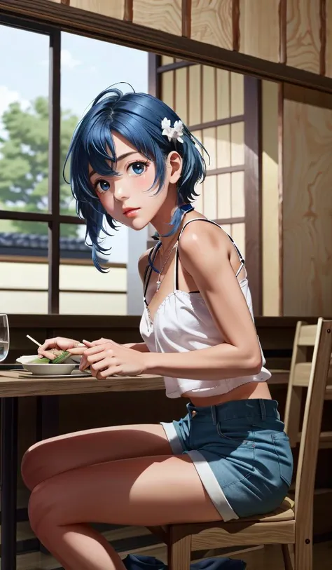 aqwskkr, 1girl, beautiful, masterpiece, 8k,  (blue hair:1.1), hair ornament, medium length hair, blue shorts, white camisole, Japanese restaurant, chopsticks, sitting at table, sushi