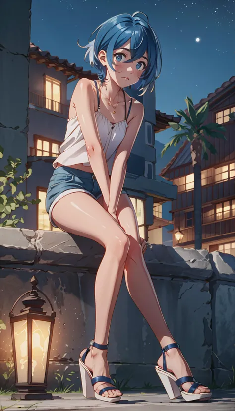aqwskkr, 1girl, beautiful, masterpiece, 8k, night time, soft light, soft skin, (blue hair:1.1), hair ornament, medium length hair, blue shorts, white camisole, legs, full body, high heel sandals, sitting