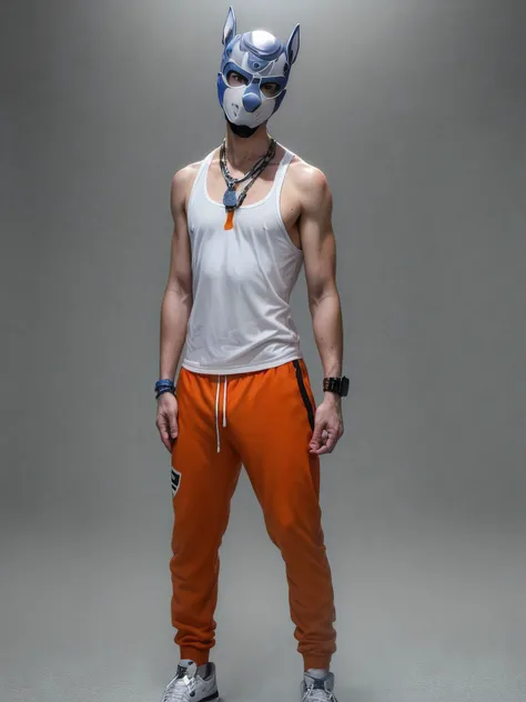 (1male:1.5), (front view:1.2), (full body view:1.2), (blue eyes:1.2), (slender physique:1.2), (standing:1.2), fitness, bathroom in a gym, (orange sweat pants:1.2), bulge, (tank top:1.2), white sneakers, white socks, (pub mask:1.4), (wristwatch:1.2), heavy necklace, sweaty skin, wet, steamy, (foggy background:1.2),
(photo realistic:1.4), (extremely intricate:1.2), (exquisitely detailed skin), soft lighting, atmospheric, ultra high res, 8k uhd, intricate details, best face, best eyes, best hands, best quality, delicate, detailed face, detailed eyes, masterpiece, film grain
<lora:add_detail:0.75> <lora:muscle_slider_v1:-2> <lyco:GoodHands-beta2:0.75> <lora:Pup_mask_jock:0.6>