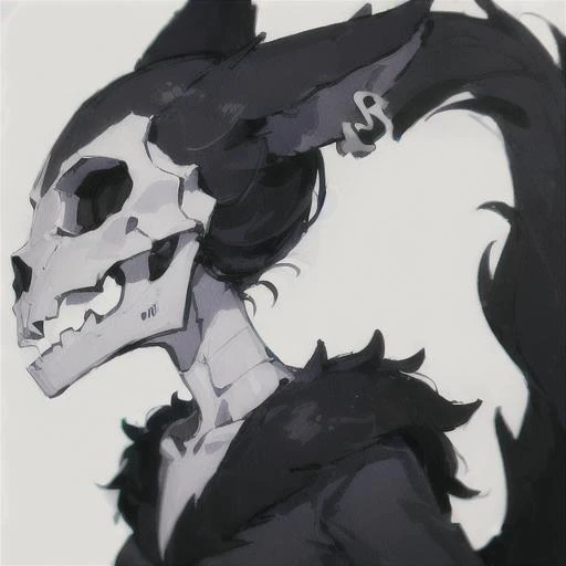 (white background: 1.5), (masterpiece, top quality, best quality, high resolution), 1girl, solo, <lora:malo fluffyrock 576 r5 v1:1>, (skull head:1.3), (malo:1.3), anthro, black fur, black hair,