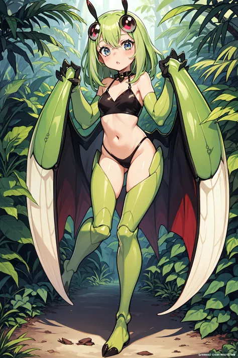 1girl, mantis girl, mandibles, smile, cute, blush, full body, jungle, insect wings, compound eyes, 2 legs <lora:AIOMonstergirlsV4Lora:1>