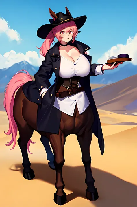 ((Masterpiece)), (best quality), (1girl), belt, black belt, black choker, black coat, black corset, black headwear, breasts, centaur, choker, cleavage, coat, collarbone, corset, cowboy hat, desert, full body, hat, horse tail, large breasts, long hair, monster girl, multiple legs, open clothes, open coat, parted lips, pink hair, red eyes, shirt, solo, standing, tail, taur, white shirt