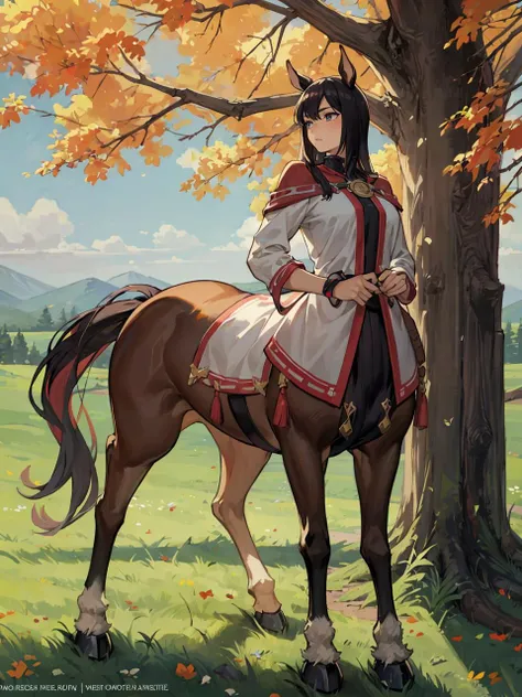 masterpiece, best quality, 1girl, female (centaur:1.15), hooves, monster girl, outdoors, solo, standing, fantasy, <lora:add_detail:0.2>