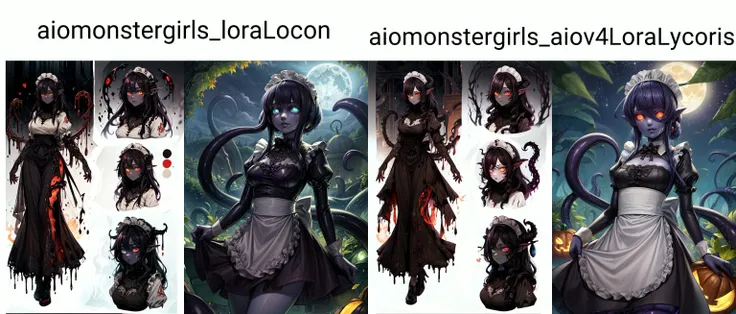 ((best quality)), ((highly detailed)), masterpiece, absurdres, detailed face, beautiful face, (detailed eyes, deep eyes), <lora:more_details:.5>, (1girl), <lora:CharacterDesign_Concept:.8>, (CharacterSheet:1), (multiple views, full body, upper body, reference sheet:1), full body, <lora:aiomonstergirls_loraLocon:.7>, (((shoggoth))), maid, body horror, (tentacles), ((extra eyes)), spiral eyes, @.@, glowing eyes, Rusty red colored eyes, heterochromia, (colored skin), (dark_purple colored skin), large breasts, maid dress, maid headdress, glowing runes,glowing portal, lovecraftian, (inside, in a shopping mall)