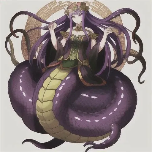 a drawing of a woman with long purple hair, lamia, big long hell serpent octopus, centipede legs, female medusa long hair, beautiful female gorgon, gorgon, ((a beautiful fantasy empress)), full body xianxia, giant centipede, anime monster girl, eldritch goddess, long shot jorogumo, ((monster)), scylla, sandworm