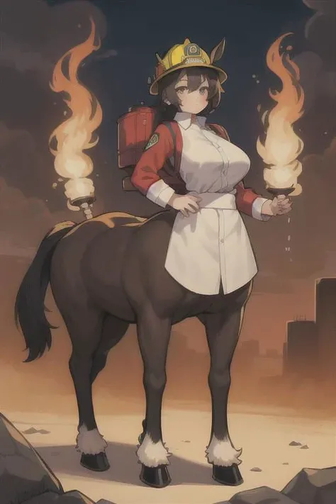 1girl, centaur, hooves, full body, firefighter, outdoors, perfect quality