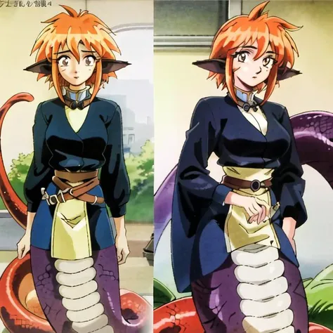 ((best quality)), ((highly detailed)), masterpiece, ((official art)), detailed face, beautiful face, (detailed eyes, deep eyes), 1girl, <lora:aiomonstergirls_loraLocon:.6>, <lora:animeLamia_v10:1>, (lamia), scales, tail, merged at waist, standing, (orange hair), <lora:esthetic90sStyle_v12R:.65>, 1990s \(style\)