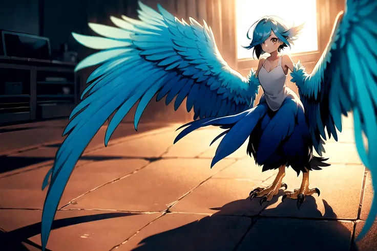 1girl, harpy, feathers, full body, talons, mature girl, big wings, Original Character, Volumetric Lighting, Best Shadows, Shallow Depth of Field, Stunningly Beautiful Girl,  Delicate Beautiful Attractive Face