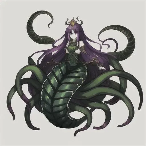 a drawing of a woman with long purple hair, lamia, big long hell serpent, centipede legs, female medusa long hair, beautiful female gorgon, gorgon, ((a beautiful fantasy empress)), full body xianxia, giant centipede, anime monster girl, eldritch goddess, long shot jorogumo, ((monster)), scylla, sandworm