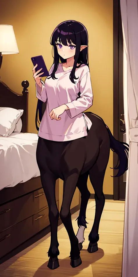 (1girl),centaur,hooves,full body,sleepwear,indoor,holding_phone,front view,black hair,purple eyes,long hair,