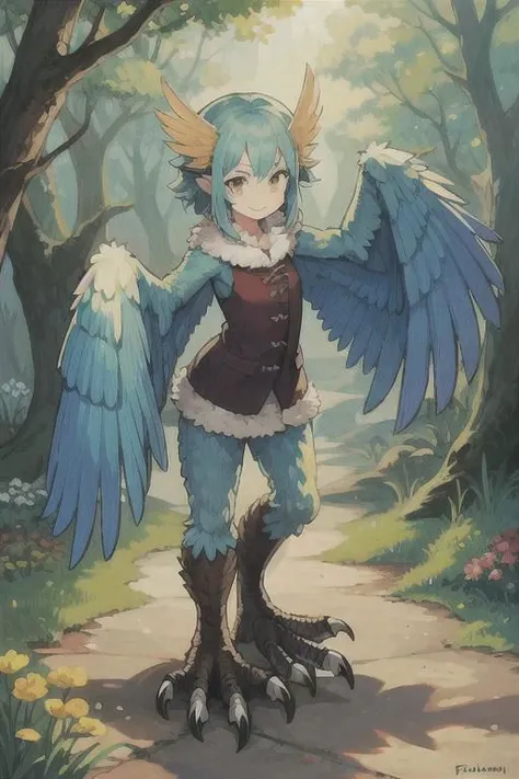 1girl, harpy, lower body of a bird, feathered wings, talons, fur, full body, outdoors,