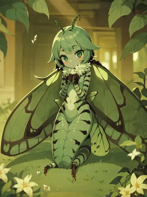 rosine, insect girl, green skin, orange eyes, wings, beautiful, masterpiece, 1girl, fur, masterpiece, beautiful, high quality,standing,nipples,vagina,peite body,full body,spread legs,ribs,