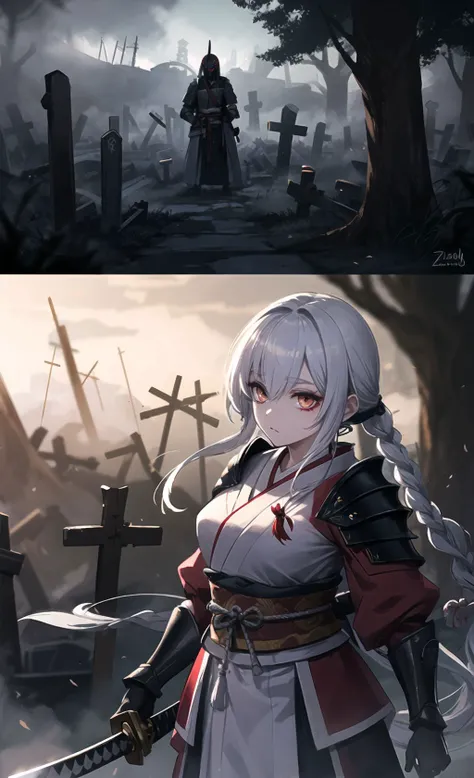 Ochimusha, Zombie warrior girl with bushi armor and magic katana, (Undead), Calm, Zipangu Region (Graveyards, former battlefields),
(long eyelashes:1.2), (eyeliner),Volumetric Lighting, Stunningly Beautiful Girl, Delicate Beautiful Attractive Face, masterpiece, best quality,
<lora:add_detail:0.25>