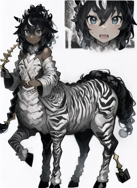 ((best quality)), ((highly detailed)), masterpiece, ((official art)), extremely detailed face, beautiful face, (detailed eyes, deep eyes), (1girl), <lora:aiomonstergirls_loraLocon:.3>, <lora:animeCentaur_v10:1>, (centaur), taur, centauroid, hooves, unicorn horn, 1horn, ((zebra)), black and white stripes, ((dark skin)), <lora:kaaminStyleBrush_v10:1>, kaamin