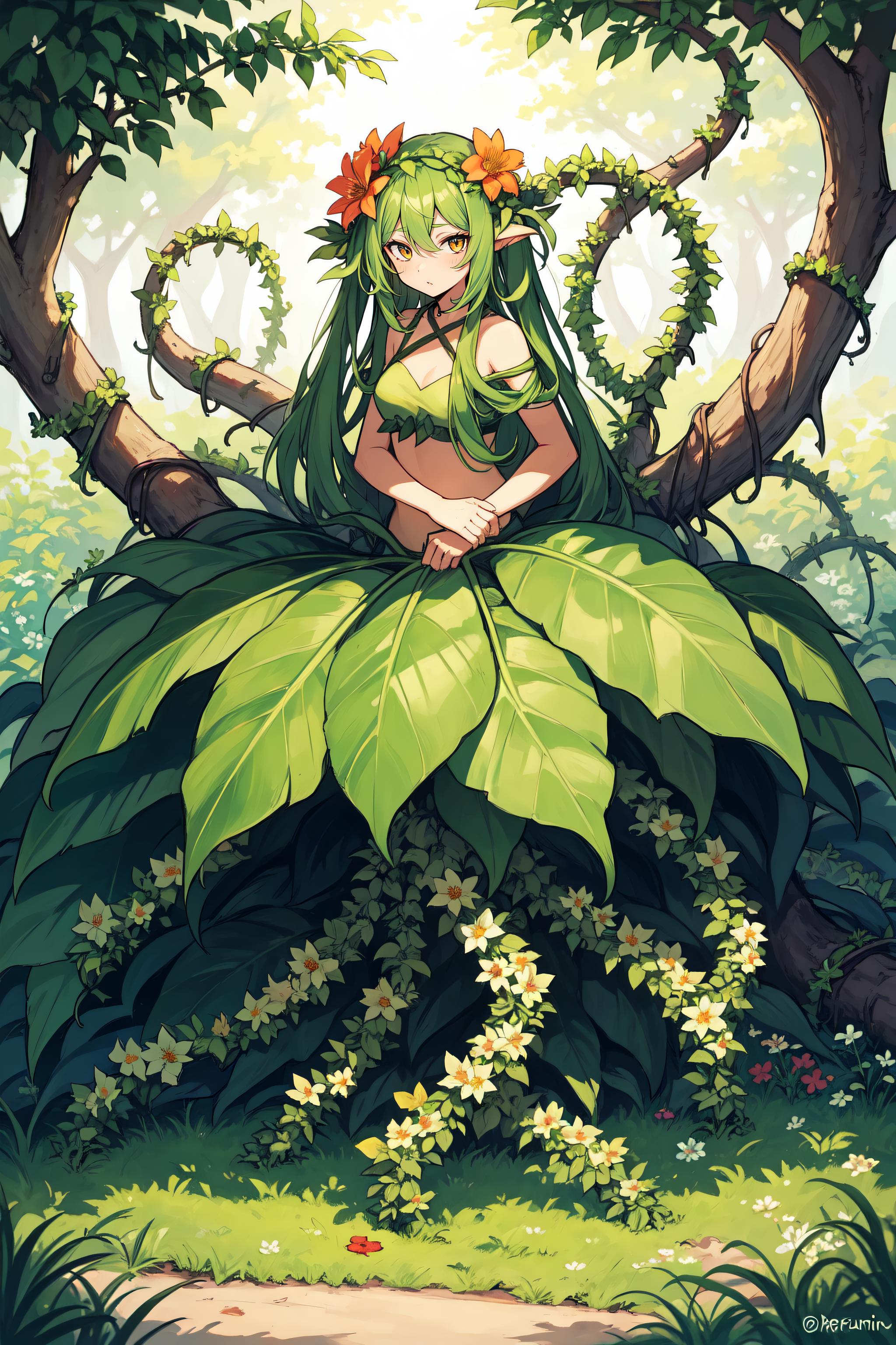 A woman sitting on a tree branch in the middle of a forest - SeaArt AI