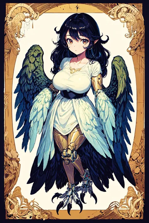 masterpiece, best quality,
1girl, harpy, feathers, full body, talons, mature girl, big wings, large breasts, long legs, Original Character, Stunningly Beautiful Girl, Petite, Delicate Beautiful Attractive Face, mecha, robot joints, mechanical,
white background, outside border, pattern border,
<lora:add_detail:1>