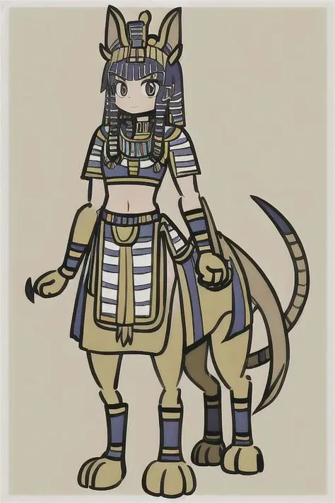1girl, Sphinx, 4 legged, tail, paws, egypt, cartoon, full body