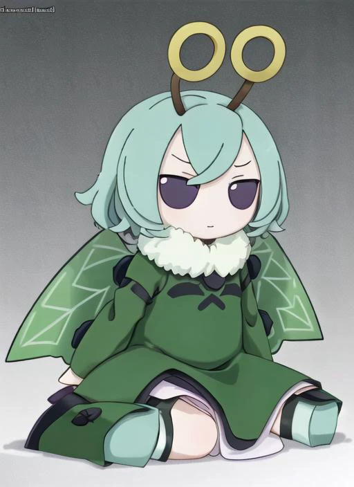 ((best quality)), ((highly detailed)), masterpiece, ((official art)), extremely detailed face, beautiful face, (detailed eyes, deep eyes), (1girl), <lora:aiomonstergirls_loraLocon:.1>, moth girl, fur collar, furry moth wings, giant wings, symmetrical wings, patterned wings, big moth antennae, grey and light green hair, thick thighs, arthropod girl, fluffy arms, fluffy legs, insectoid arms, insectoid legs, <lora:solidEyes_v70:.95>, purple eyes, solid eyes, colored sclerae, <lora:fumoLikeAnimeStyle_v10:.95>, fumo, doll, sitting