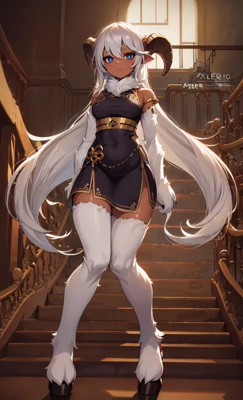 masterpiece,best quality,highly detailed,Amazing,finely detail,extremely detailed CG unity 8k wallpaper,score:>=60,beautiful detailed eyes,blue eyes, (long eyelashes:1.4), (eyeliner),Fine hair texture,1girl,(dark skin), satyr,white fur,white hair, very long hair, goat legs, from below,hooves, standing, full body, pelvic curtain, narrow waist, small girl, Original Character, Volumetric Lighting, Stunningly Beautiful Girl, Delicate Beautiful Attractive Face,