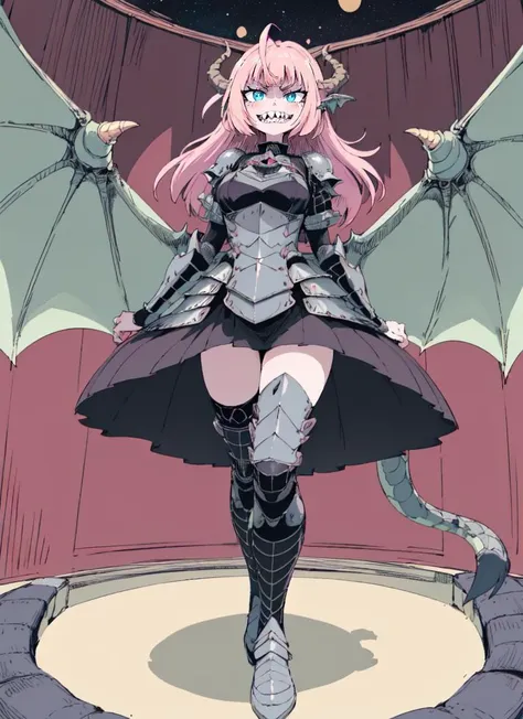 ((best quality)), ((highly detailed)), masterpiece, absurdres, detailed face, beautiful face, (detailed eyes, deep eyes), (1girl), full body, <lora:aiomonstergirls_loraLocon:.2>, dragon girl, <lora:WaifuDragon:.3>, scales, soft pink colored hair, dragon horns, dragon tail, dragon wings, armored boots, <lora:Better Sharp Teeth 3:1>, ((sharp teeth)), (inside, on a space station, space, stars), <lora:yev-san_style:1.2>, yev-san