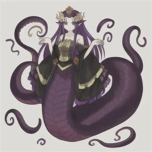 a drawing of a woman with long purple hair, lamia, big long hell serpent octopus, centipede legs, female medusa long hair, beautiful female gorgon, gorgon, ((a beautiful fantasy empress)), full body xianxia, giant centipede, anime monster girl, eldritch goddess, long shot jorogumo, ((monster)), scylla, sandworm