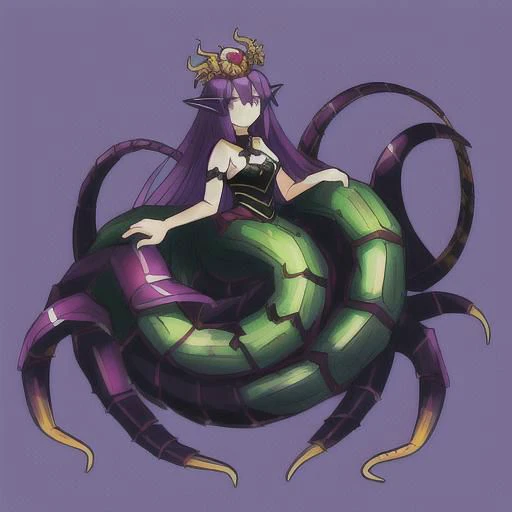 a drawing of a woman with long purple hair, lamia, big long hell serpent, centipede legs, female medusa long hair, beautiful female gorgon, gorgon, ((a beautiful fantasy empress)), full body xianxia, giant centipede, anime monster girl, eldritch goddess, long shot jorogumo, ((monster)), scylla, sandworm