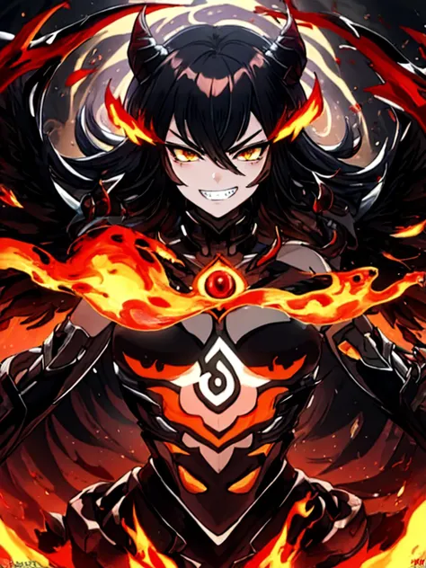 best quality, masterpiece,  jp-dscute1-4750 1girl, (style-swirlmagic:0.8), portrait, solo,  upper body, detailed background, detailed face, (<lora:YinYangTech:0.6>, yinyang,  yinyangtech theme:1.1),  primal fury, defiant grin, unyielding, primal fiery  fighter, [heavy armor:molten rock:2], smoldering battlescars, wielding infernal sword, ruby gemstone,  roaring flames, , heat-infused,  obsidian rock formations in background,  epic cataclysmic atmosphere,  <lora:detail_slider_v4:2>