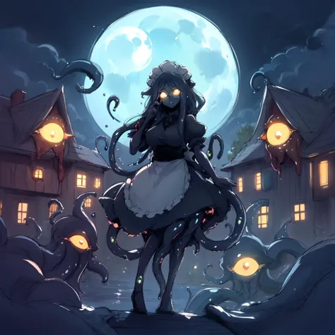 ((best quality)), ((highly detailed)), absurdres, extremely detailed face, beautiful face, (detailed eyes, deep eyes), (1girl), (glasses), dynamic pose, full body, <lora:aiomonstergirls_aiov4LoraLycoris:.9>, (((shoggoth))), maid, body horror, (tentacles), ((extra eyes)), glowing eyes, Buff colored eyes, (colored skin), (dark_grey colored skin), large breasts, glowing portal,glowing runes, lovecraftian, <lora:solidEyes_v70:1>, solid eyes, colored sclerae, <lora:insanevoid2:1>, insanevoid, glowing, (outdoors, at a house, midnight, night sky, stars, full moon, hurricane), ((sketch))