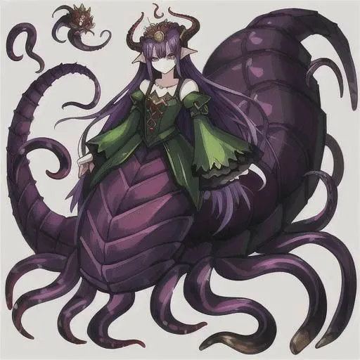 a drawing of a woman with long purple hair, lamia, big long hell serpent, centipede legs, female medusa long hair, beautiful female gorgon, gorgon, ((a beautiful fantasy empress)), full body xianxia, giant centipede, anime monster girl, eldritch goddess, long shot jorogumo, ((monster)), scylla, sandworm