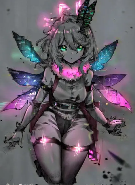 ((best quality)), ((highly detailed)), masterpiece, ((official art)), extremely detailed face, beautiful face, (detailed eyes, deep eyes), (1girl), <lora:aiomonstergirls_loraLocon:.2>, moth girl, fur collar, furry moth wings, giant wings, symmetrical wings, patterned wings, big moth antennae, yellow and pink hair, thick thighs, arthropod girl, fluffy arms, fluffy legs, insectoid arms, insectoid legs, <lora:solidEyes_v70:.9>, green eyes, solid eyes, colored sclerae, <lora:glowingArt_v10:1>, glowart:1, glowing, sketch, drawing, sparks