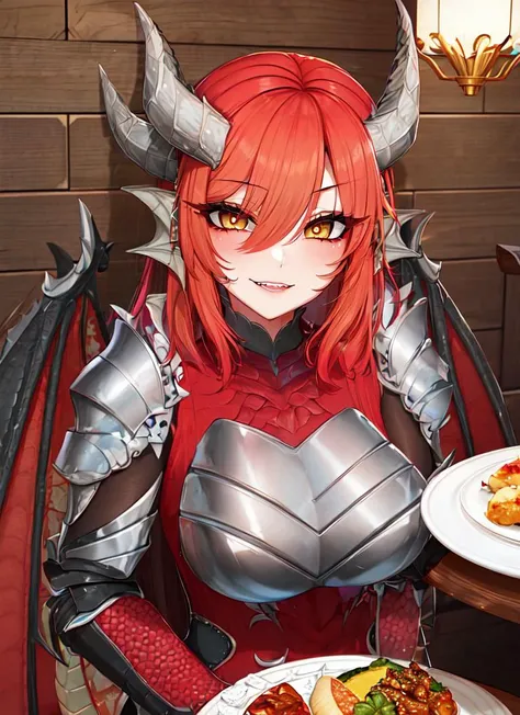 ((best quality)), ((highly detailed)), masterpiece, absurdres, detailed face, beautiful face, (detailed eyes, deep eyes), <lora:more_details:.2>, (1girl), upper body, ((flip-flops)), <lora:aiomonstergirls_aiov4LoraLycoris:.8>, dragon girl, , scales, red colored hair, yellow eyes, dragon horns, dragon tail, dragon wings, gauntlets, armored boots, (inside, at a dining room), <lora:peach:.7>
