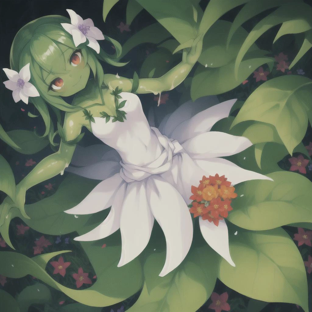 alraune girl, flower monster girl, from above, (fleshy flower dress at waist:1.4)