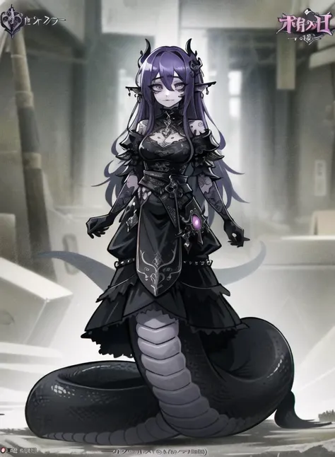 ((best quality)), ((highly detailed)), masterpiece, ((official art)), detailed face, beautiful face, (detailed eyes, deep eyes), 1girl, <lora:gothicPunkGirl_v10:1>, Goth_punk, <lora:aiomonstergirls_loraLocon:.9>, <lora:animeLamia_v10:1>, (lamia), scales, tail, merged at waist, standing, (violet hair)