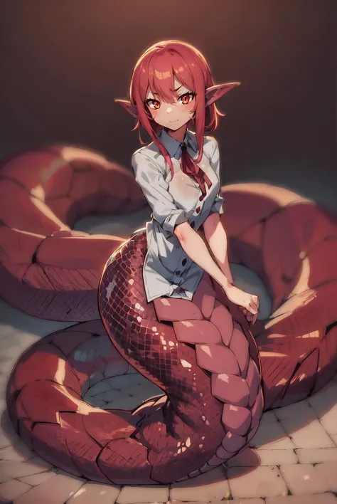 1girl, lamia, scales, [white shirt:0.1], full body, red lamia, red scales, attractive, figure, ultra-detailed, best quality, extreme detailed, [thighhighs:0.1],Original Character, Volumetric Lighting, Best Shadows, Shallow Depth of Field, Stunningly Beautiful Girl, Petite, Delicate Beautiful Attractive Face, hdr, [embarrassed:0.75], tip of the scales tail