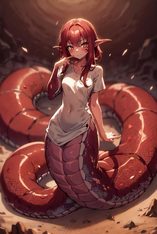 1girl, lamia, scales, white shirt, full body, red lamia, red scales, attractive, figure, ultra-detailed, best quality, extreme detailed, dust particles, (thighhighs:0.3), Original Character, Volumetric Lighting, Best Shadows, Shallow Depth of Field, Stunningly Beautiful Girl, Petite, Delicate Beautiful Attractive Face, hdr, [embarrassed:0.75], tip of the scales