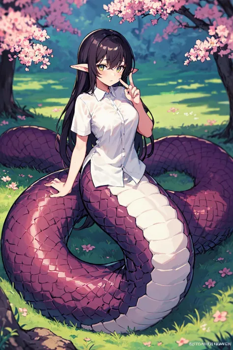 1girl, lamia, scales, white shirt, full body, outdoors,