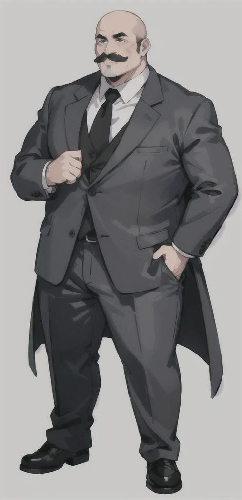 (white background: 1.5), (masterpiece, top quality, best quality, high resolution), full body, fit in picture, only character, sfw, standing pose, 1 male, fat, mustache, smiling, big smile, round nose, dirty black three-piece suit, mid age, bald, black hair