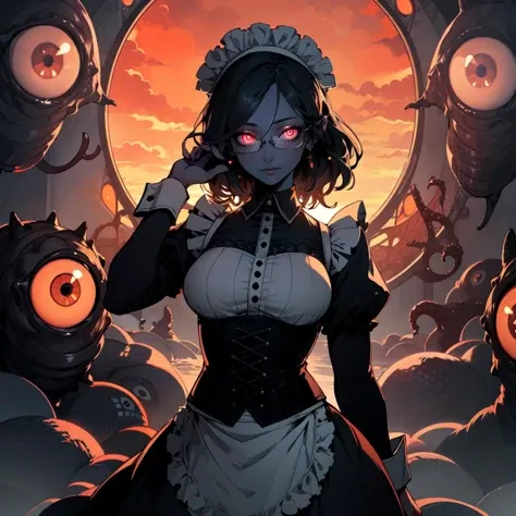 ((best quality)), ((highly detailed)), absurdres, extremely detailed face, beautiful face, (detailed eyes, deep eyes), (1girl), (glasses), different views, dynamic pose, cowboy shot, <lora:aiomonstergirls_loraLocon:.5>, ((shoggoth)), maid, body horror, (tentacles), ((extra eyes)), glowing eyes, Sunglow Sunset colored eyes, (colored skin), (grey colored skin), medium breasts, maid dress, maid headdress, corset, glowing runes,glowing portal, lovecraftian, <lora:insanevoid2:1>, insanevoid, glowing, (outside, at a floating island, sunset, cloudy)